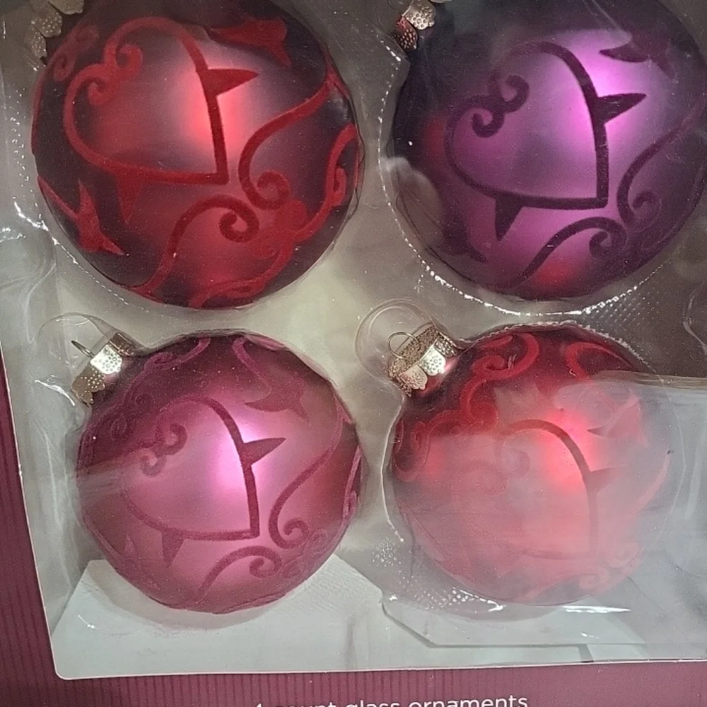 Glass Ornaments With Felt Heart Design 4 Pack NEW‎ Jewel Tones 4